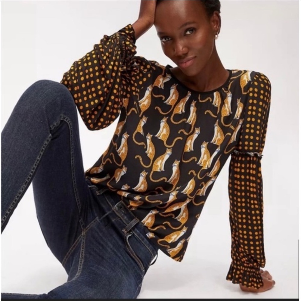 Blank London Womens Whimsical Leopard Polka Dot Blouse Small Black Orange Top‎